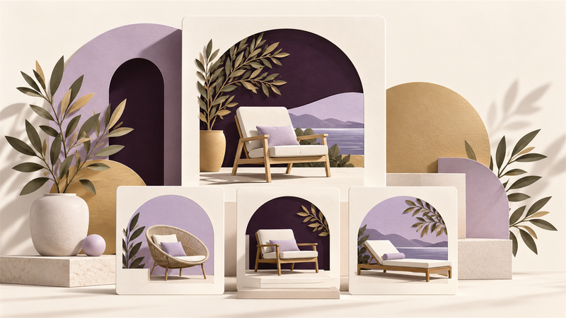 Editorial illustration of an outdoor seating collection arranged into clear product groups
