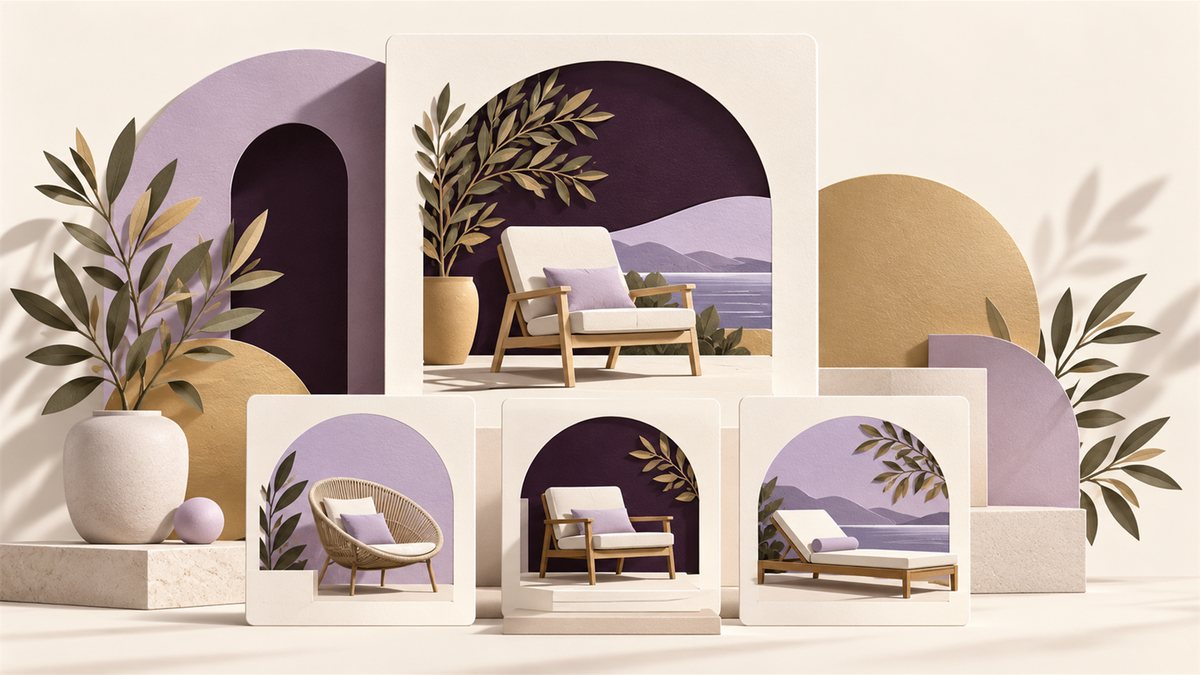 Editorial illustration of an outdoor seating collection arranged into clear product groups